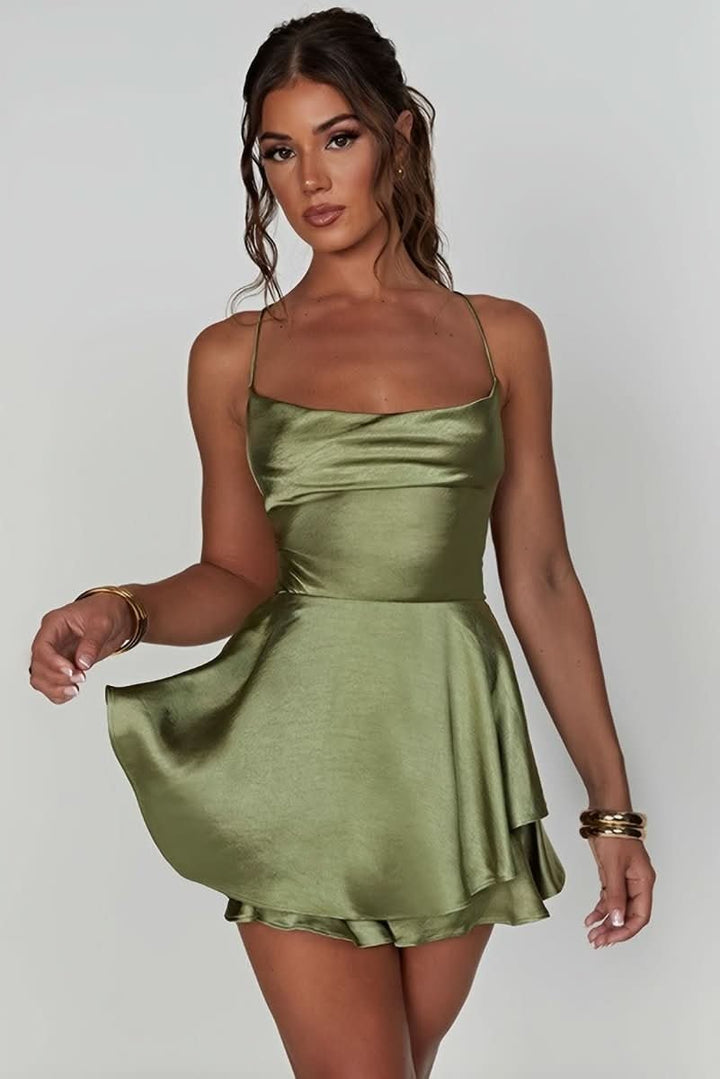Damen Rückenfreies Minikleid Geraffter Taille Satin Cocktailkleid - Matcha