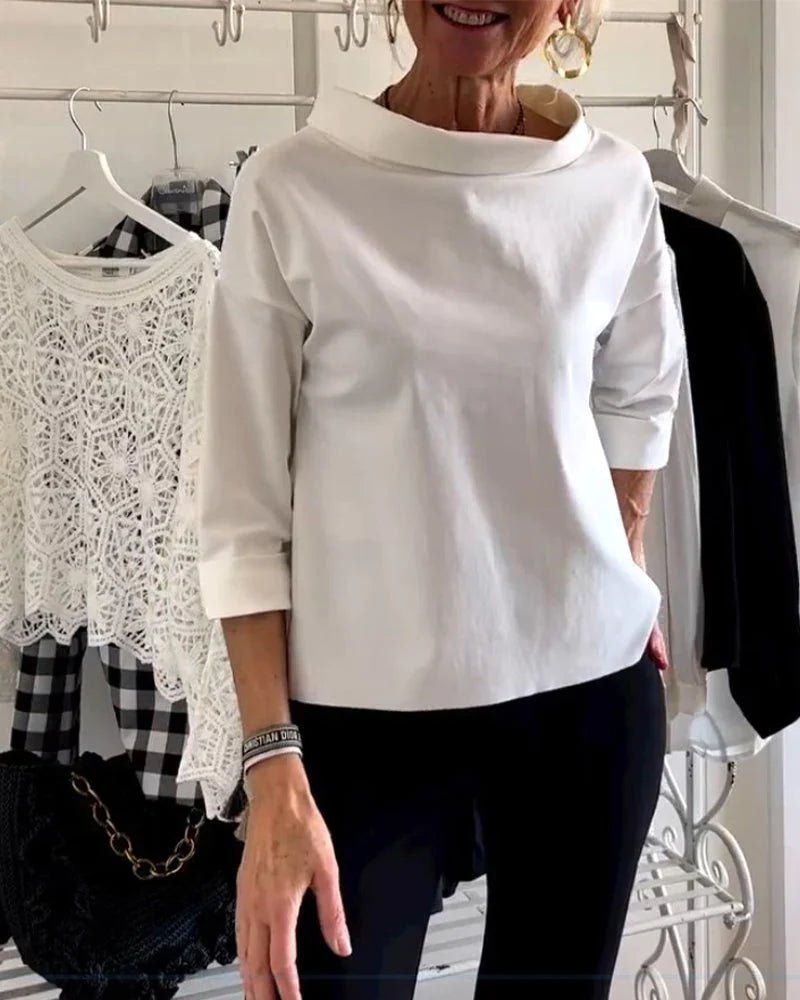 Damen Relaxed-Fit Bateau-Ausschnitt Dreiviertellärmel Casual Oberteil