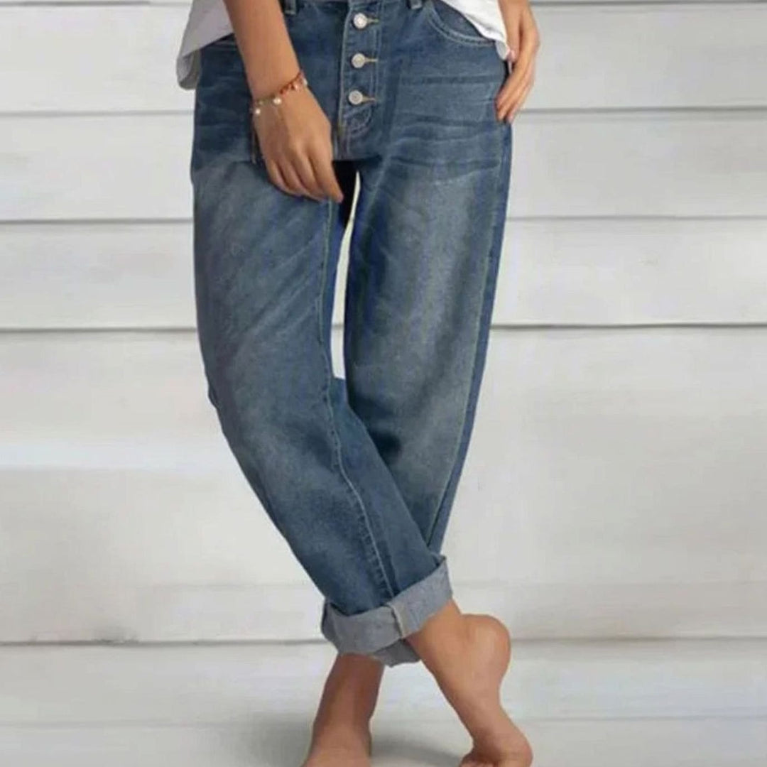 Damen Relaxed-Fit Jeans mit Knopfleiste umgeschlagenem Saum - Blau