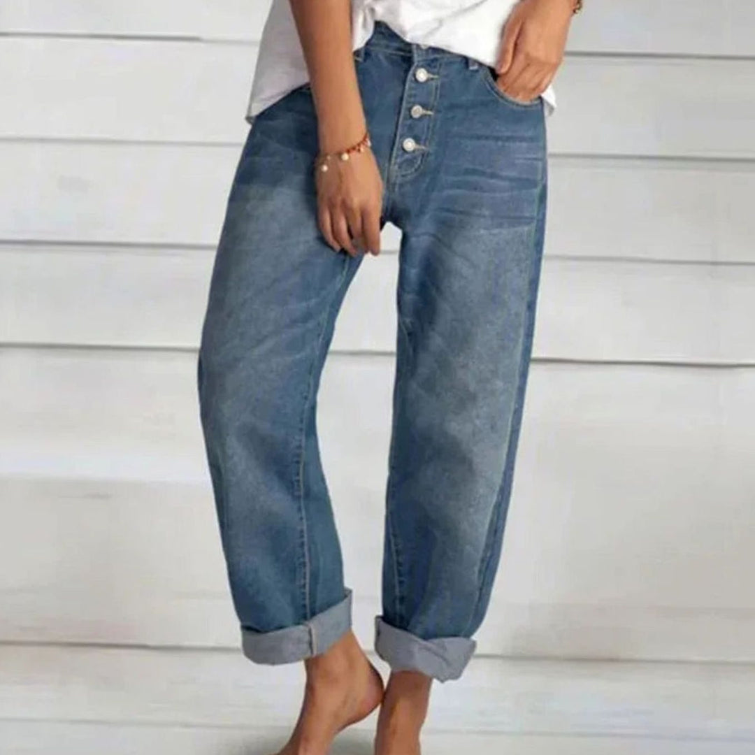Damen Relaxed-Fit Jeans mit Knopfleiste umgeschlagenem Saum