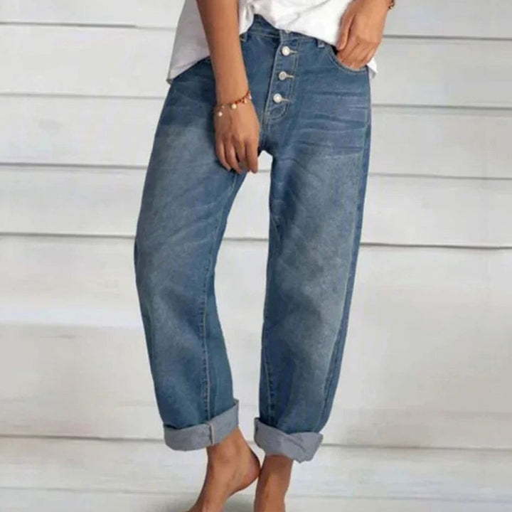 Damen Relaxed-Fit Jeans mit Knopfleiste umgeschlagenem Saum