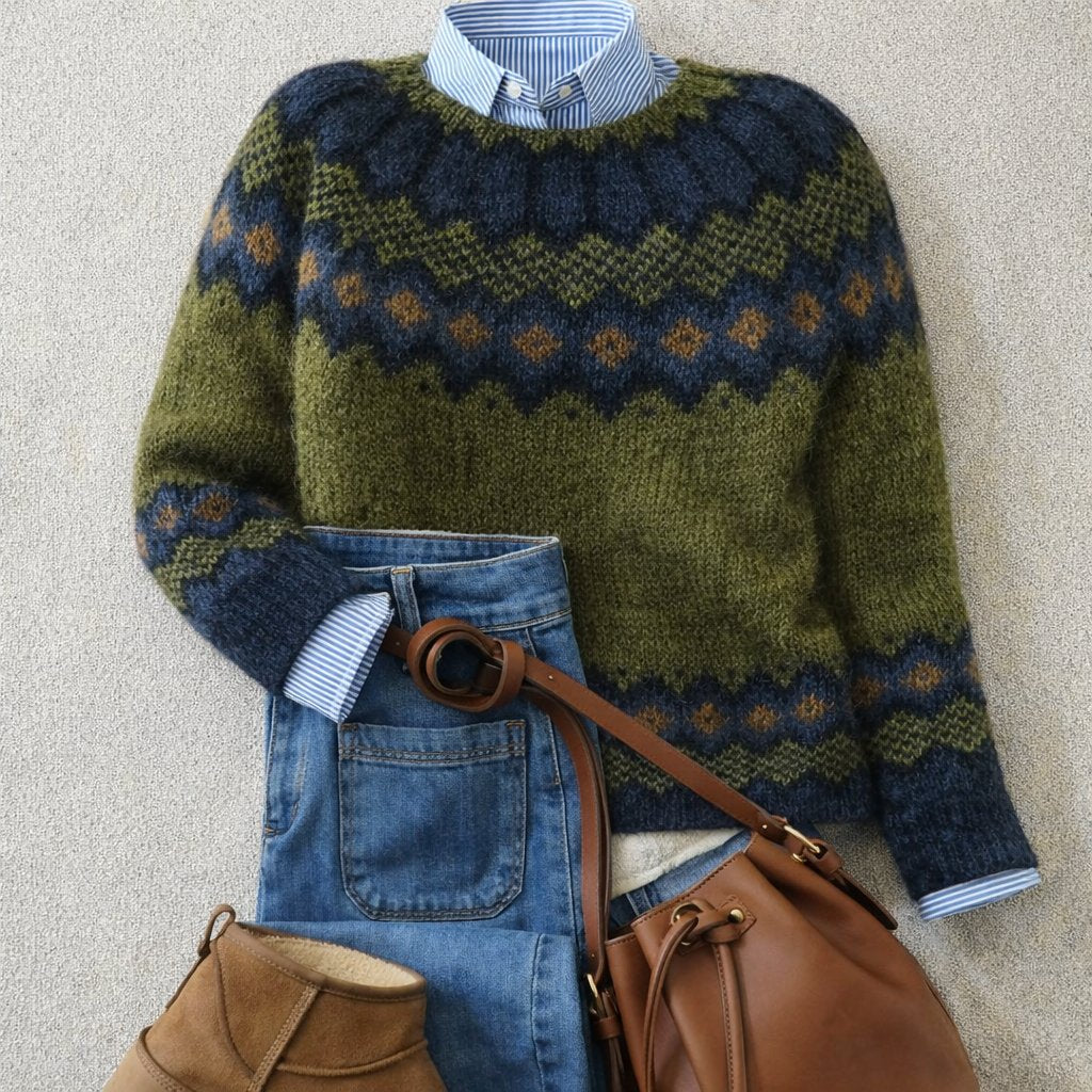 Damen Relaxed-Fit Nordischer Fair-Isle-Strickpullover mit Rippbündchen - Green