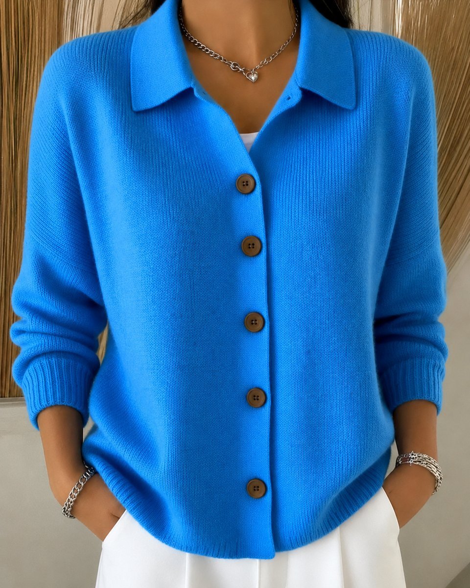 Damen Relaxed-Fit Polokragen Strick-Cardigan mit Knopfleiste - Blau