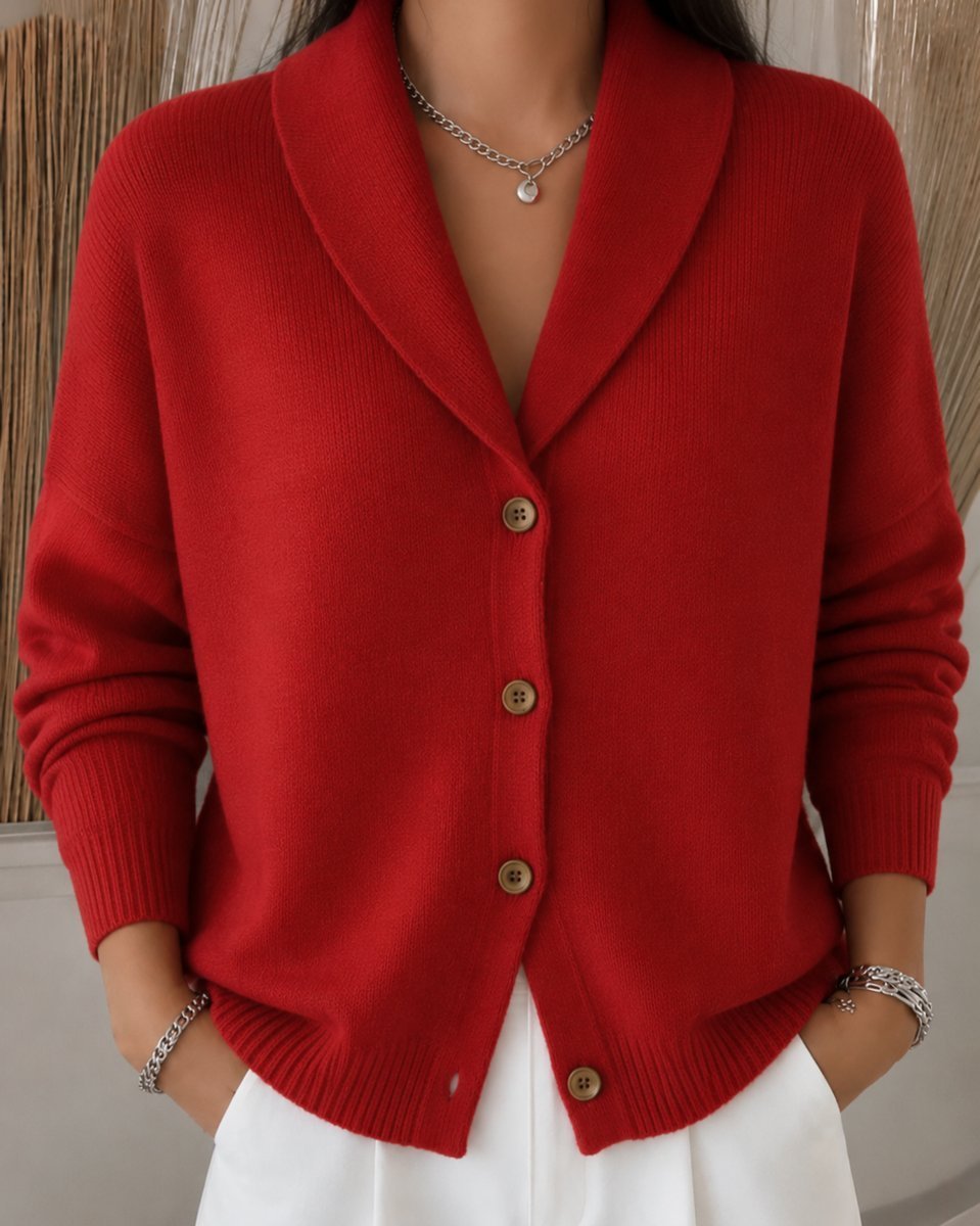 Damen Relaxed-Fit Polokragen Strick-Cardigan mit Knopfleiste - Rot