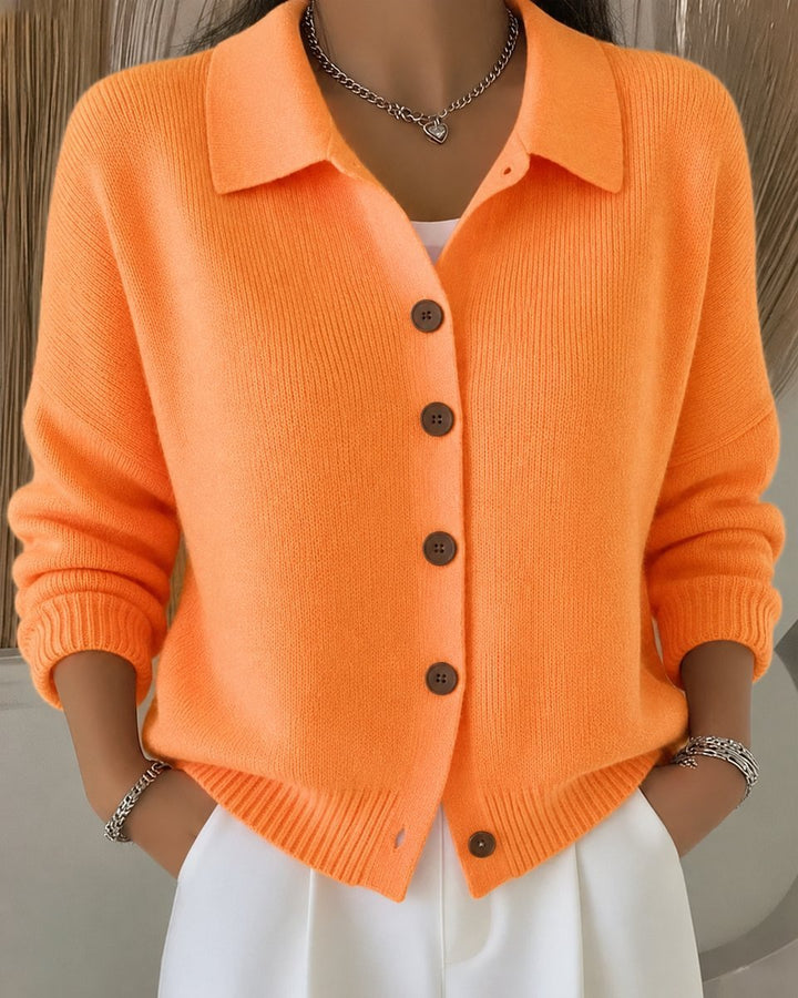 Damen Relaxed-Fit Polokragen Strick-Cardigan mit Knopfleiste - Orange