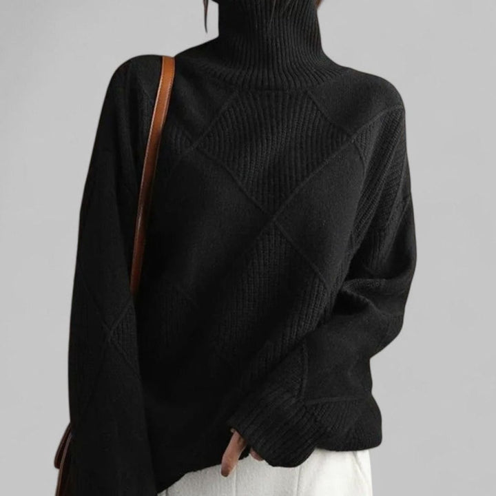 Damen Relaxed-Fit Rollkragen Strickpullover mit geometrischem Muster - Schwarz