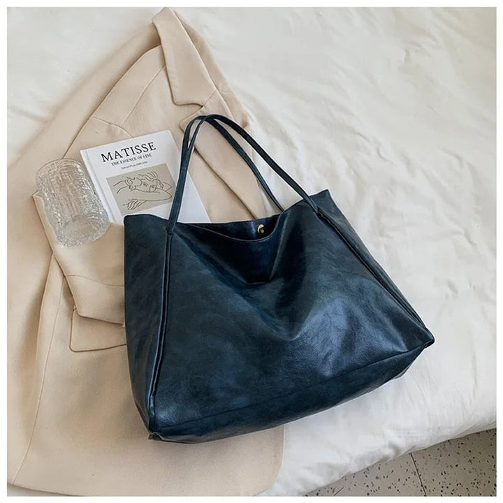 Damen Retro Tote Bag Shopper aus PU-Leder geräumig - Blau