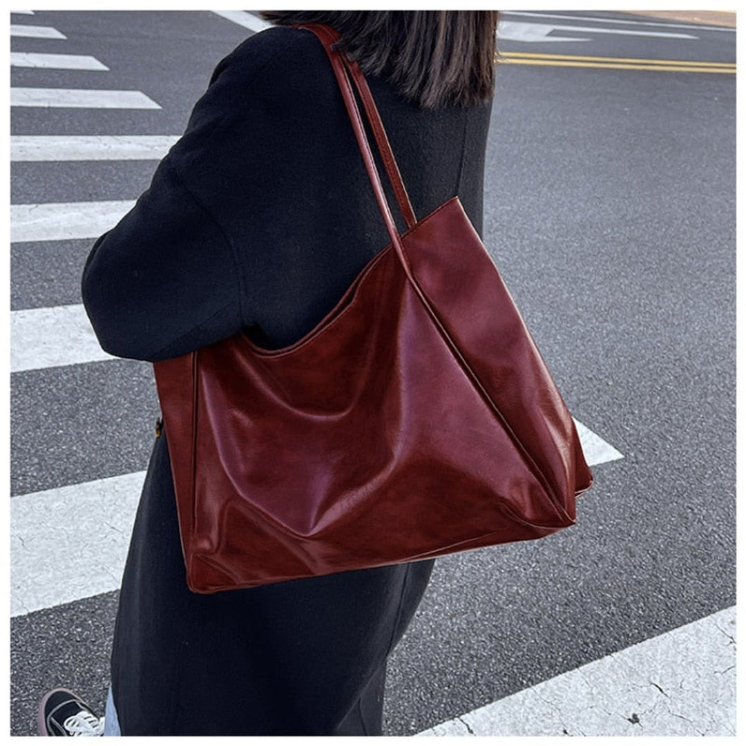 Damen Retro Tote Bag Shopper aus PU-Leder geräumig