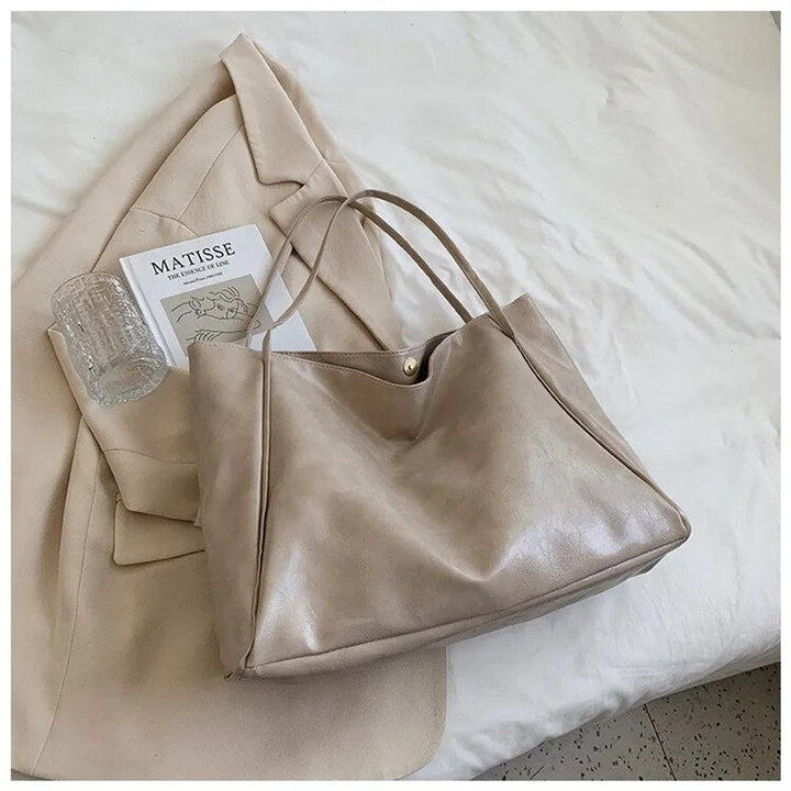 Damen Retro Tote Bag Shopper aus PU-Leder geräumig - Beige