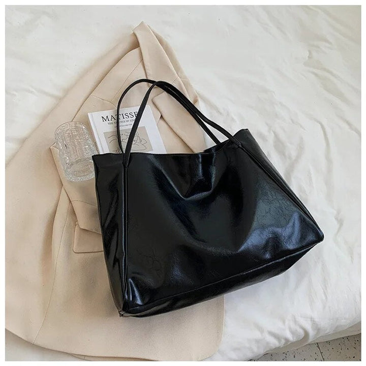 Damen Retro Tote Bag Shopper aus PU-Leder geräumig - Schwarz
