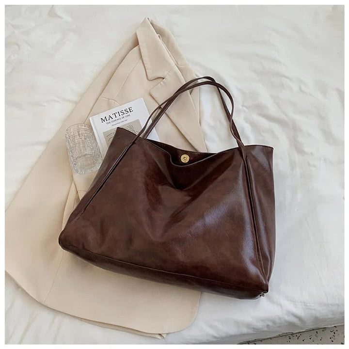 Damen Retro Tote Bag Shopper aus PU-Leder geräumig - Kaffee