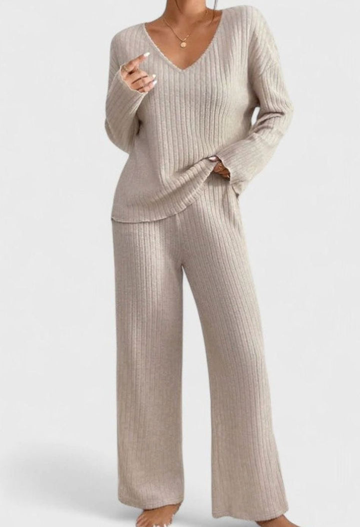 Damen Rippstrick-Lounge-Set V-Ausschnitt weiter Hose - Beige