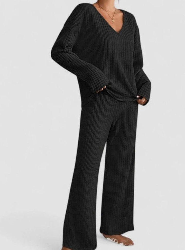Damen Rippstrick-Lounge-Set V-Ausschnitt weiter Hose - Schwarz