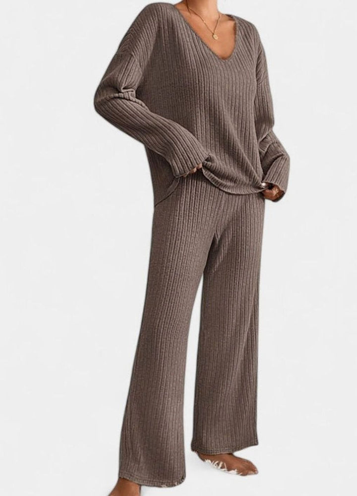 Damen Rippstrick-Lounge-Set V-Ausschnitt weiter Hose - Braun