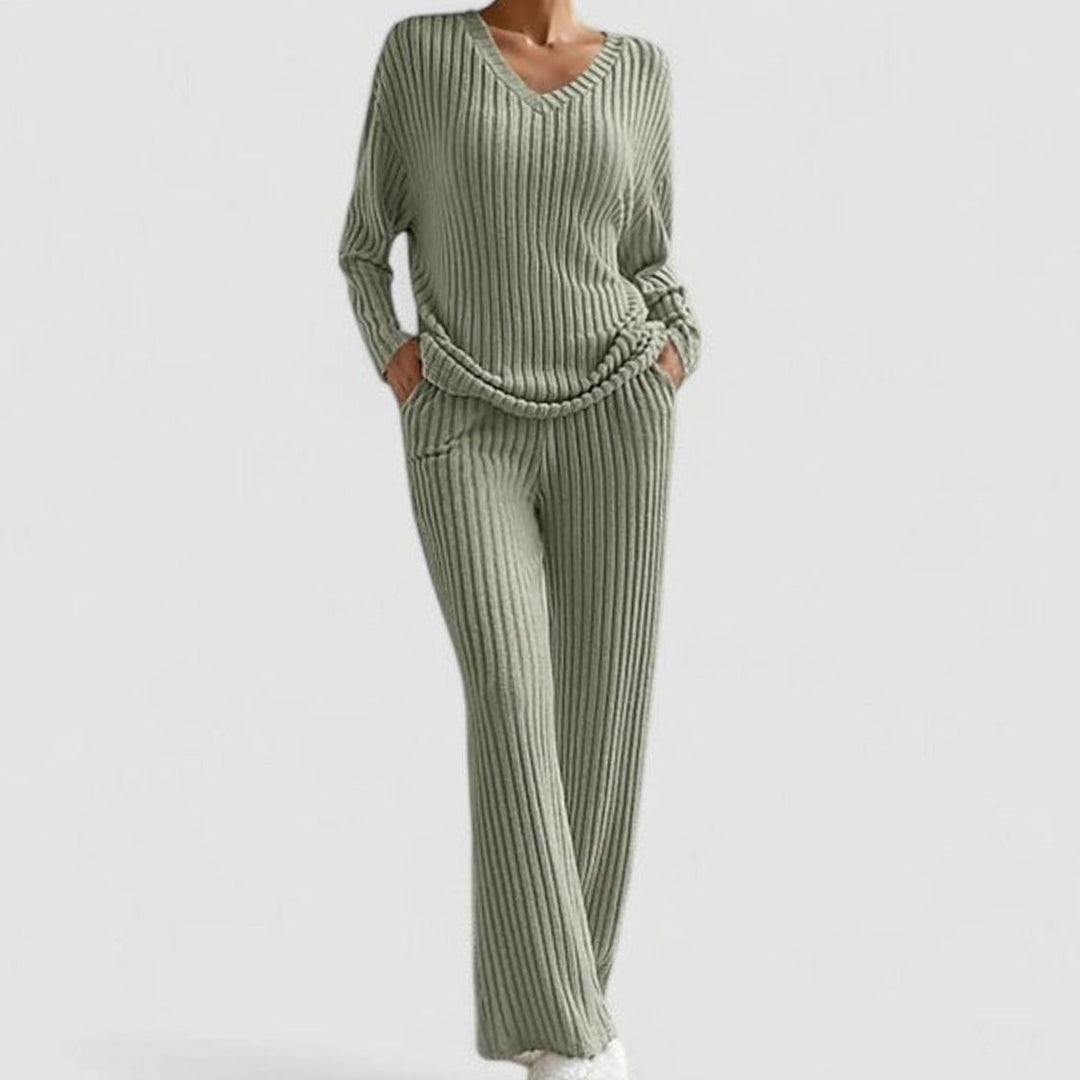 Damen Rippstrick-Lounge-Set V-Ausschnitt weiter Hose - Olive