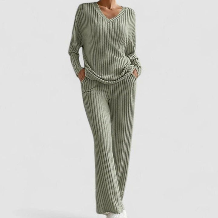 Damen Rippstrick-Lounge-Set V-Ausschnitt weiter Hose - Olive