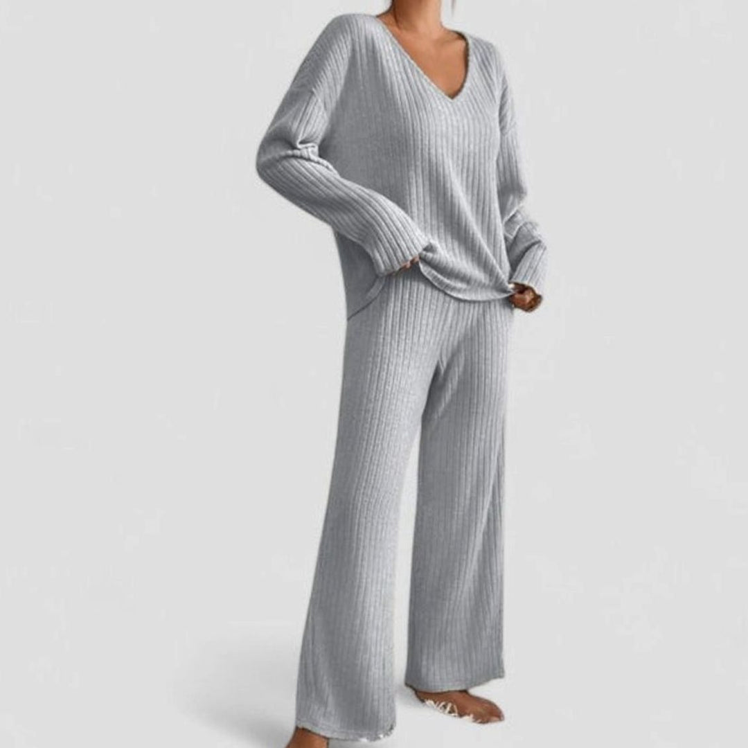 Damen Rippstrick-Lounge-Set V-Ausschnitt weiter Hose - Grau