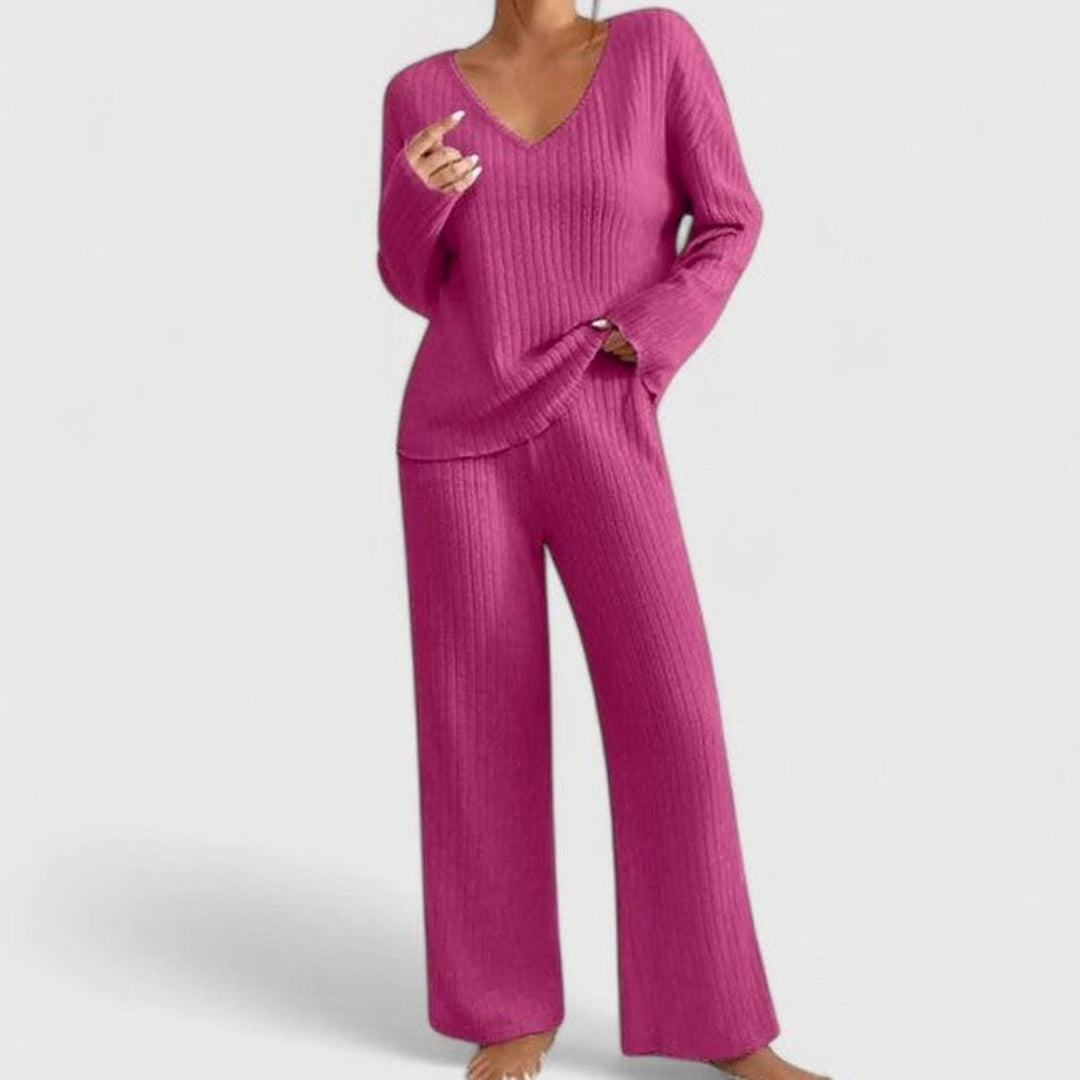 Damen Rippstrick-Lounge-Set V-Ausschnitt weiter Hose - Rosa