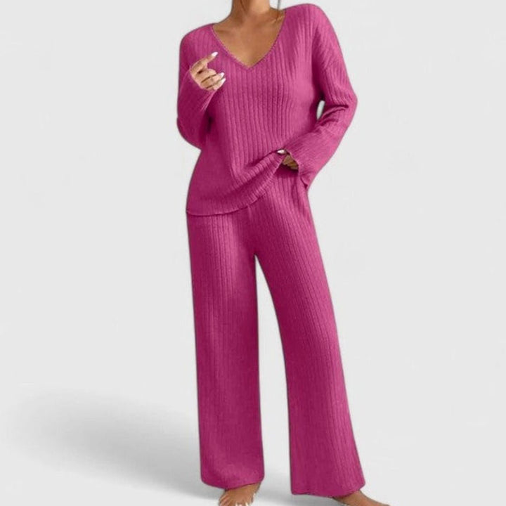 Damen Rippstrick-Lounge-Set V-Ausschnitt weiter Hose - Rosa