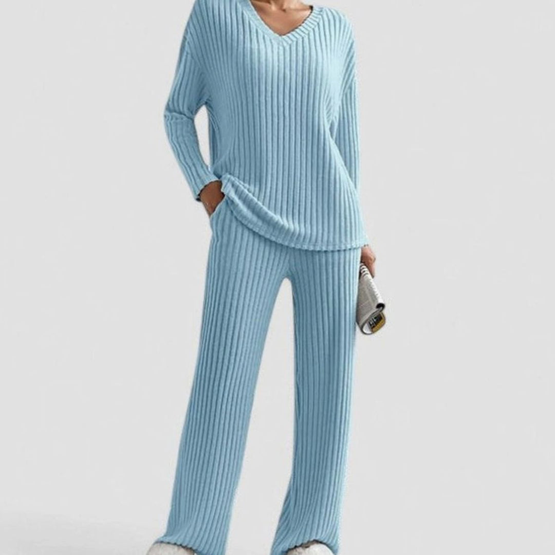 Damen Rippstrick-Lounge-Set V-Ausschnitt weiter Hose - Himmelblau
