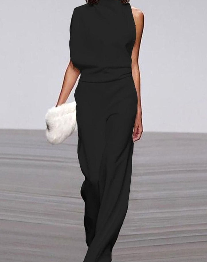 Damen Ärmelloser Ein-Schulter-Jumpsuit mit Weitem Bein - Schwarz