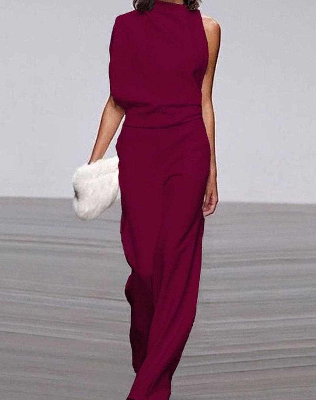 Damen Ärmelloser Ein-Schulter-Jumpsuit mit Weitem Bein - Dunkelrot