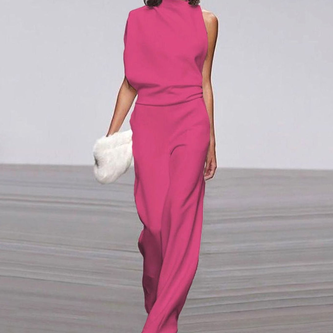 Damen Ärmelloser Ein-Schulter-Jumpsuit mit Weitem Bein - Fuchsia