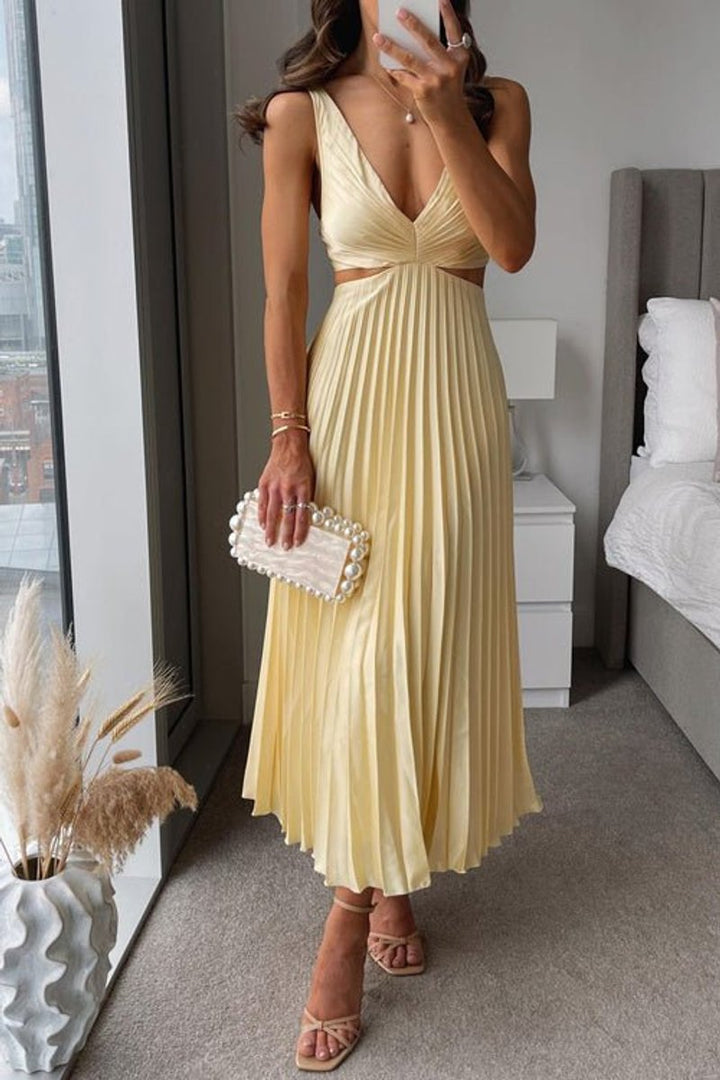 Damen ärmelloses Cocktailkleid mit V-Ausschnitt plissierter Maxi-Schnitt - Gelb