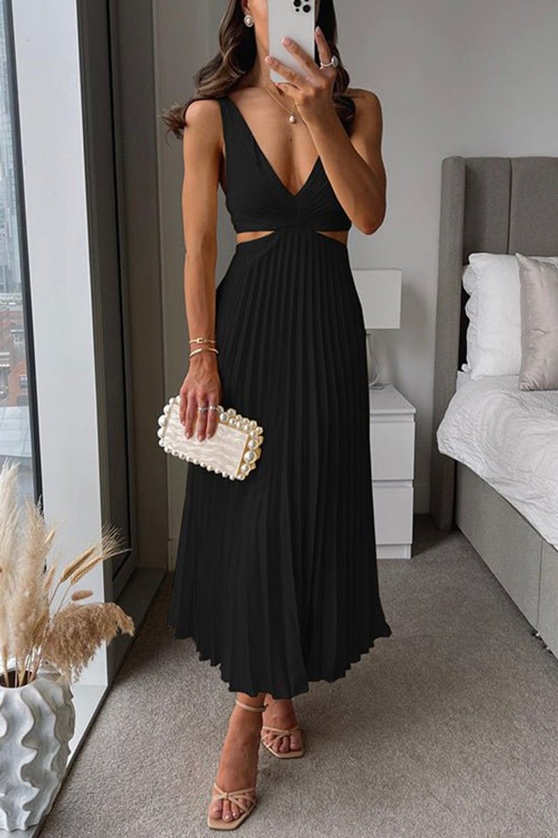Damen ärmelloses Cocktailkleid mit V-Ausschnitt plissierter Maxi-Schnitt - Schwarz