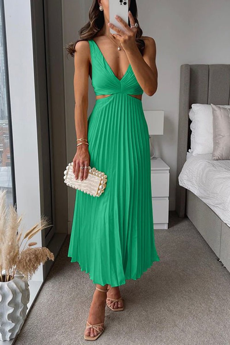Damen ärmelloses Cocktailkleid mit V-Ausschnitt plissierter Maxi-Schnitt - Grün