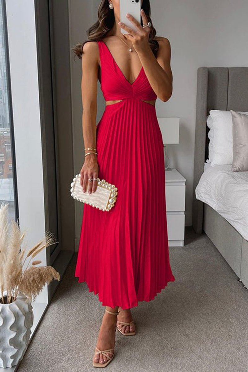 Damen ärmelloses Cocktailkleid mit V-Ausschnitt plissierter Maxi-Schnitt - Rot