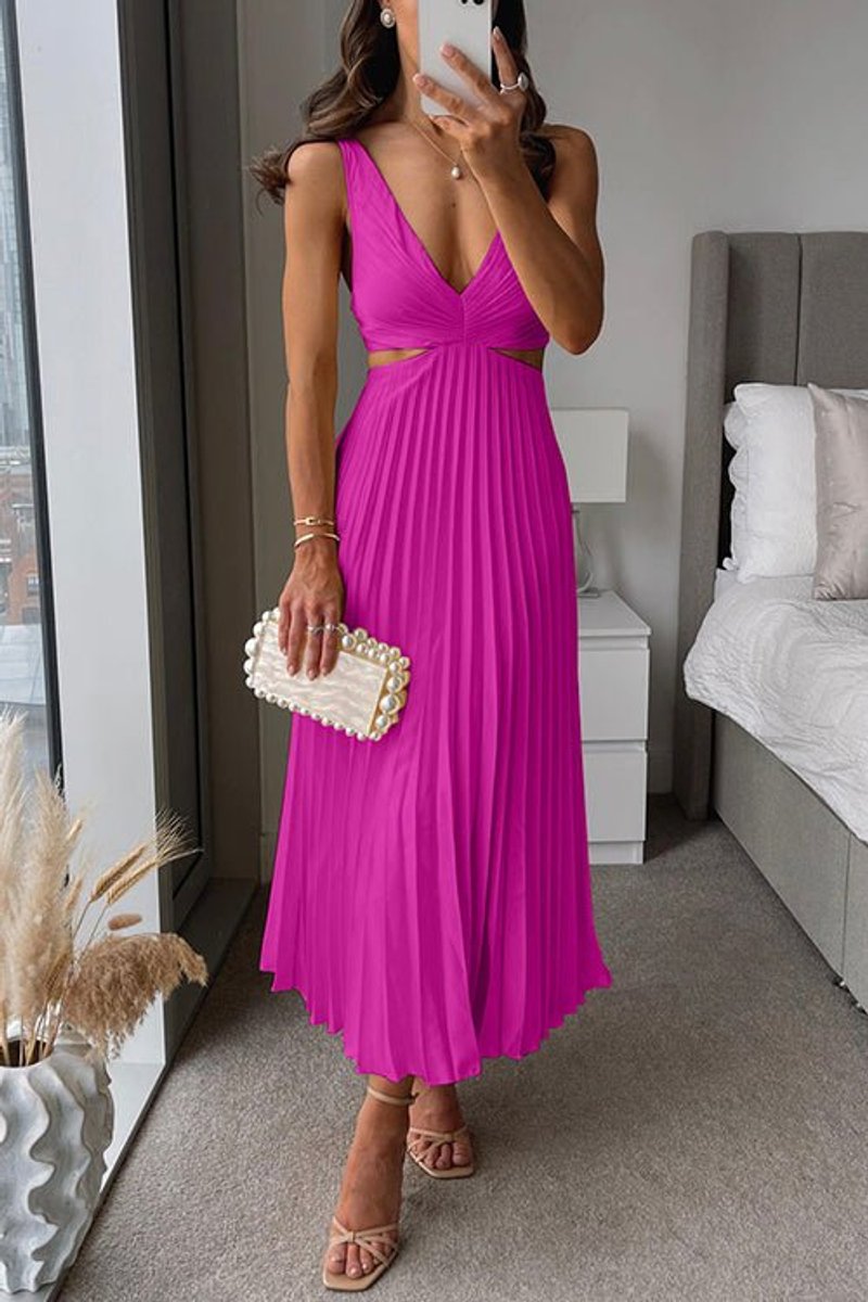 Damen ärmelloses Cocktailkleid mit V-Ausschnitt plissierter Maxi-Schnitt - Rosa