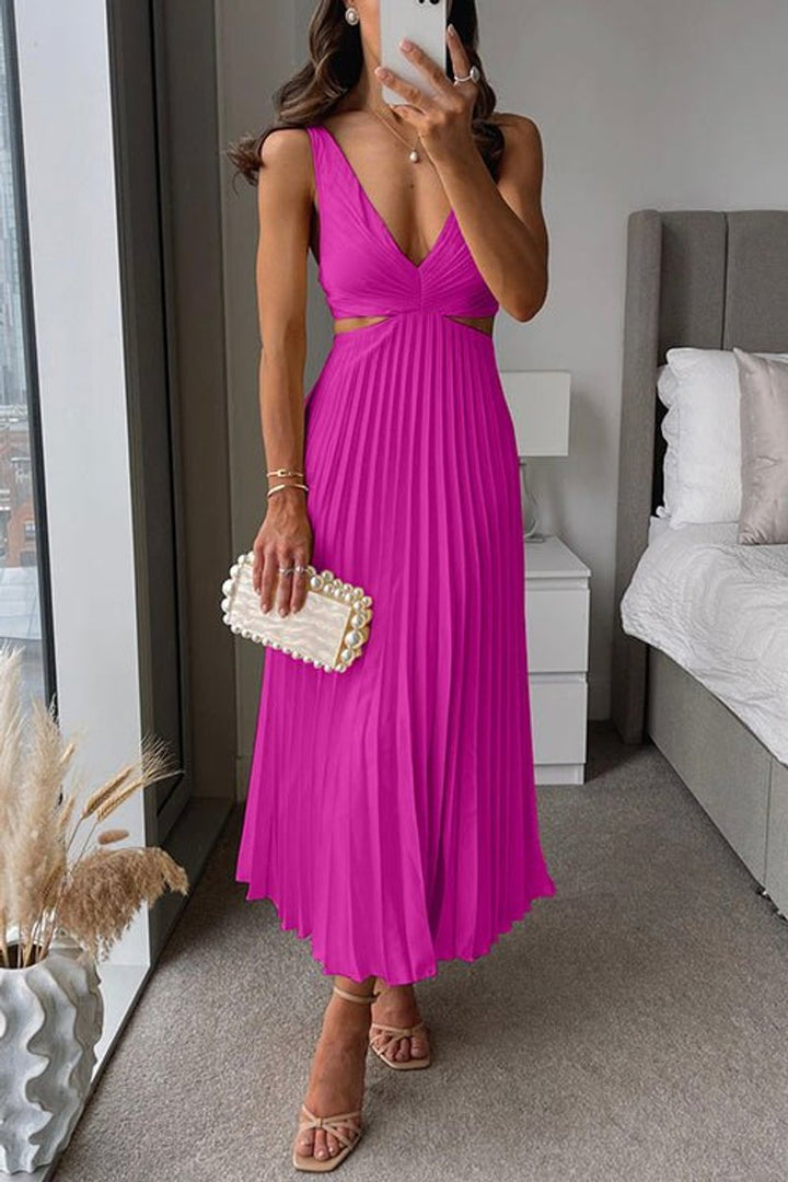 Damen ärmelloses Cocktailkleid mit V-Ausschnitt plissierter Maxi-Schnitt - Rosa