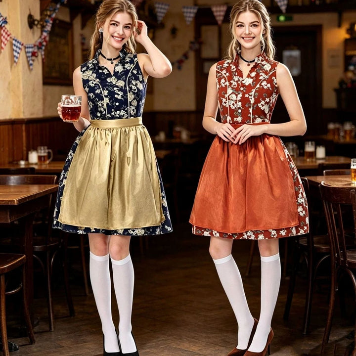 Damen Ärmelloses Dirndl-Minikleid Blumenmuster mit Schürze