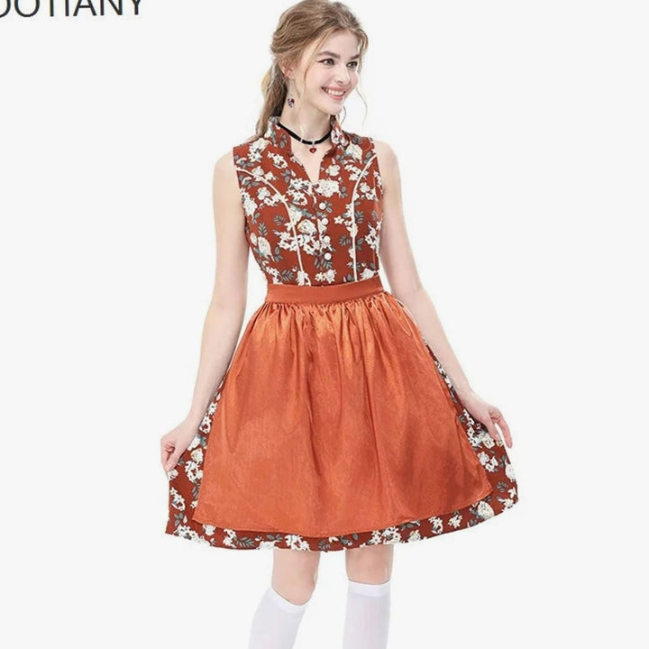 Damen Ärmelloses Dirndl-Minikleid Blumenmuster mit Schürze - Blau Gold