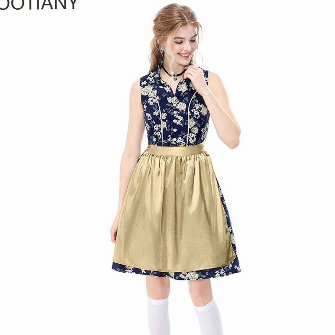 Damen Ärmelloses Dirndl-Minikleid Blumenmuster mit Schürze - Rot Orange