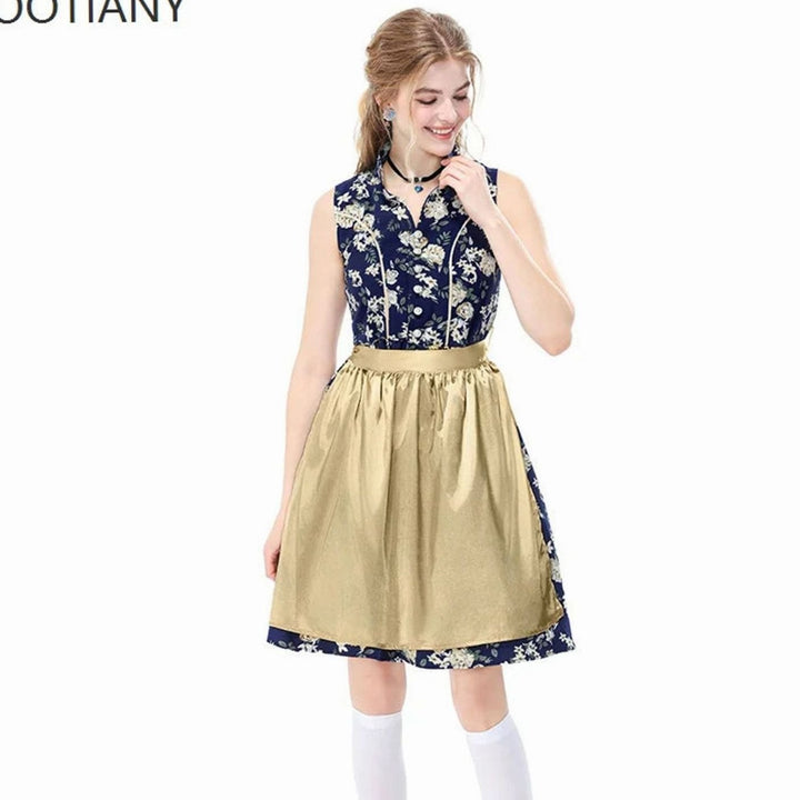 Damen Ärmelloses Dirndl-Minikleid Blumenmuster mit Schürze - Rot Orange