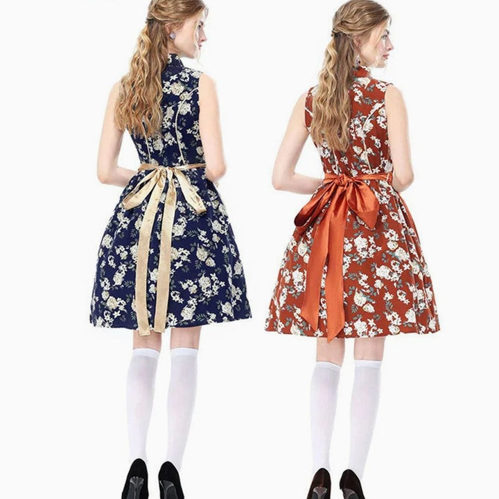 Damen Ärmelloses Dirndl-Minikleid Blumenmuster mit Schürze