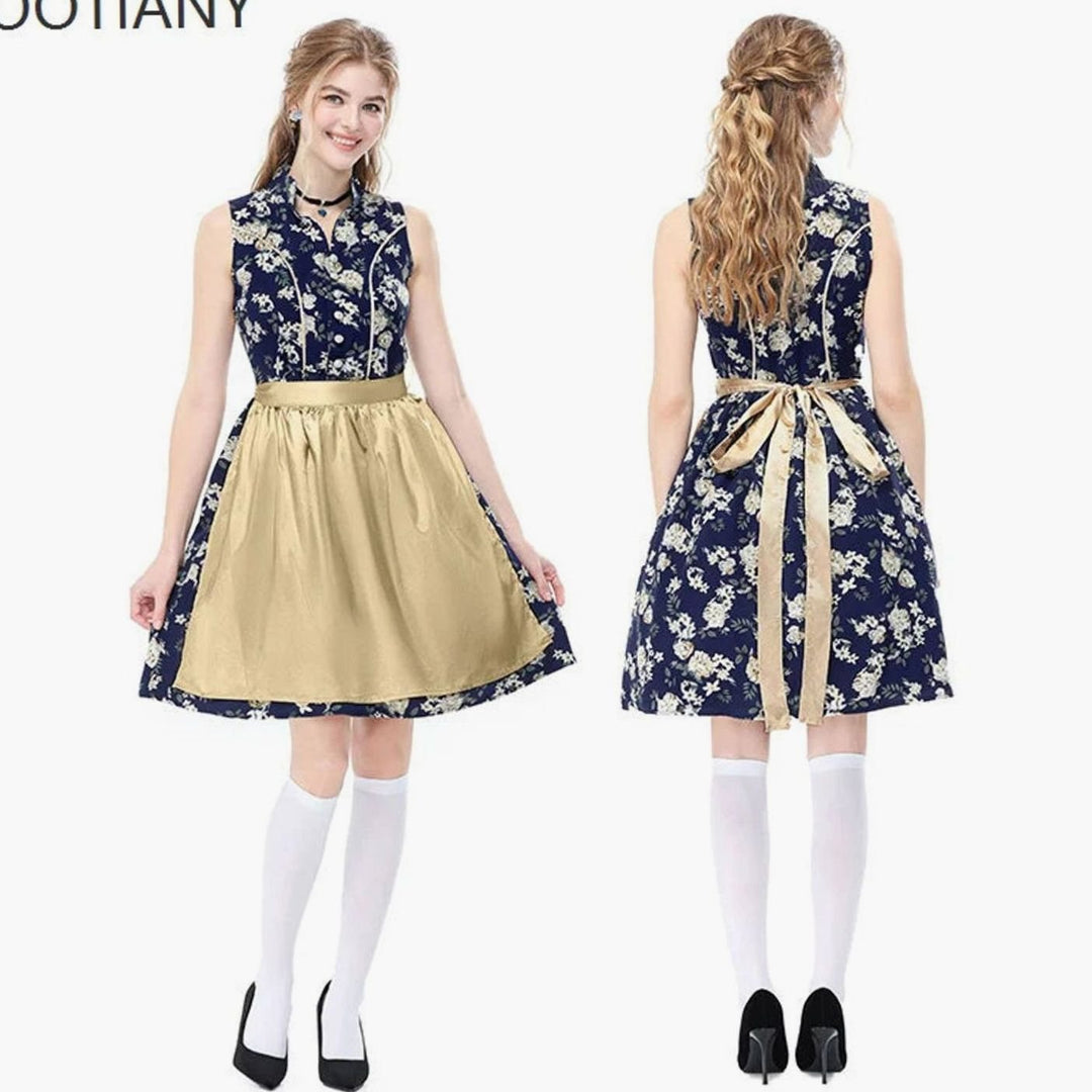 Damen Ärmelloses Dirndl-Minikleid Blumenmuster mit Schürze