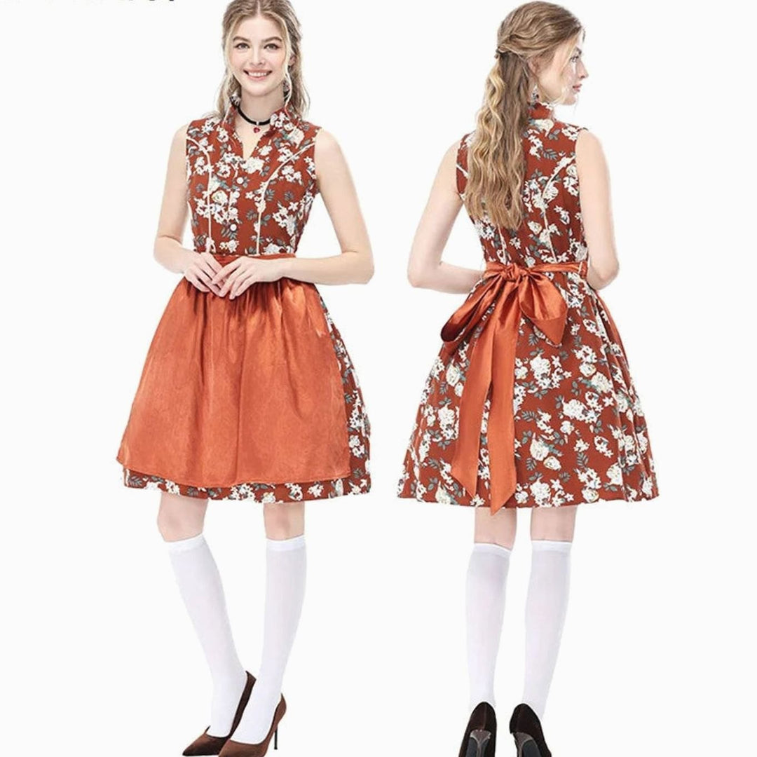 Damen Ärmelloses Dirndl-Minikleid Blumenmuster mit Schürze