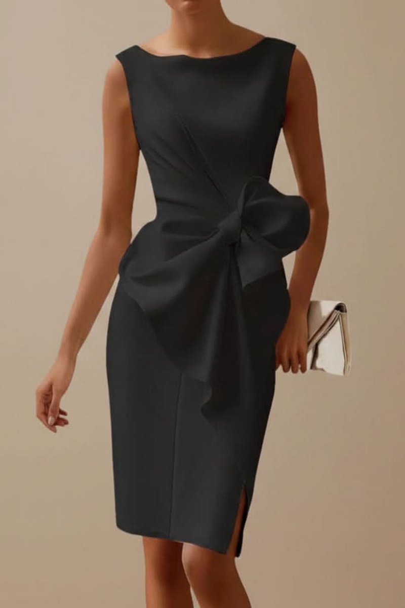 Damen Ärmelloses Midi-Cocktailkleid mit Schleife und Schlitz - Schwarz