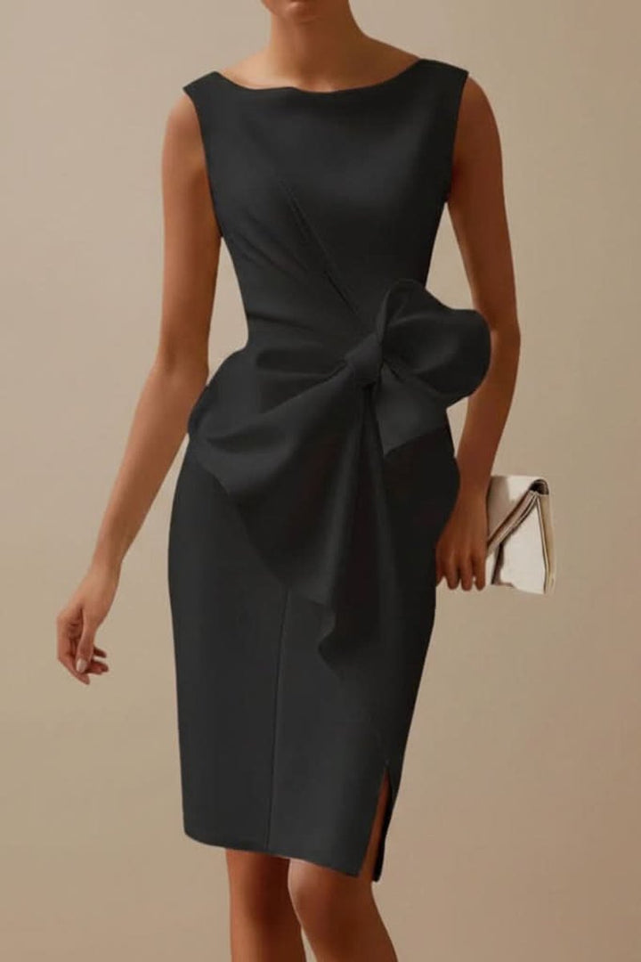 Damen Ärmelloses Midi-Cocktailkleid mit Schleife und Schlitz - Schwarz