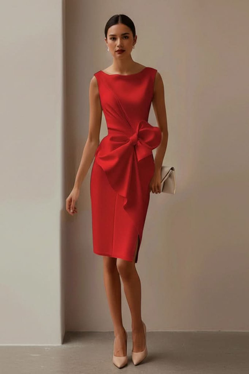 Damen Ärmelloses Midi-Cocktailkleid mit Schleife und Schlitz
