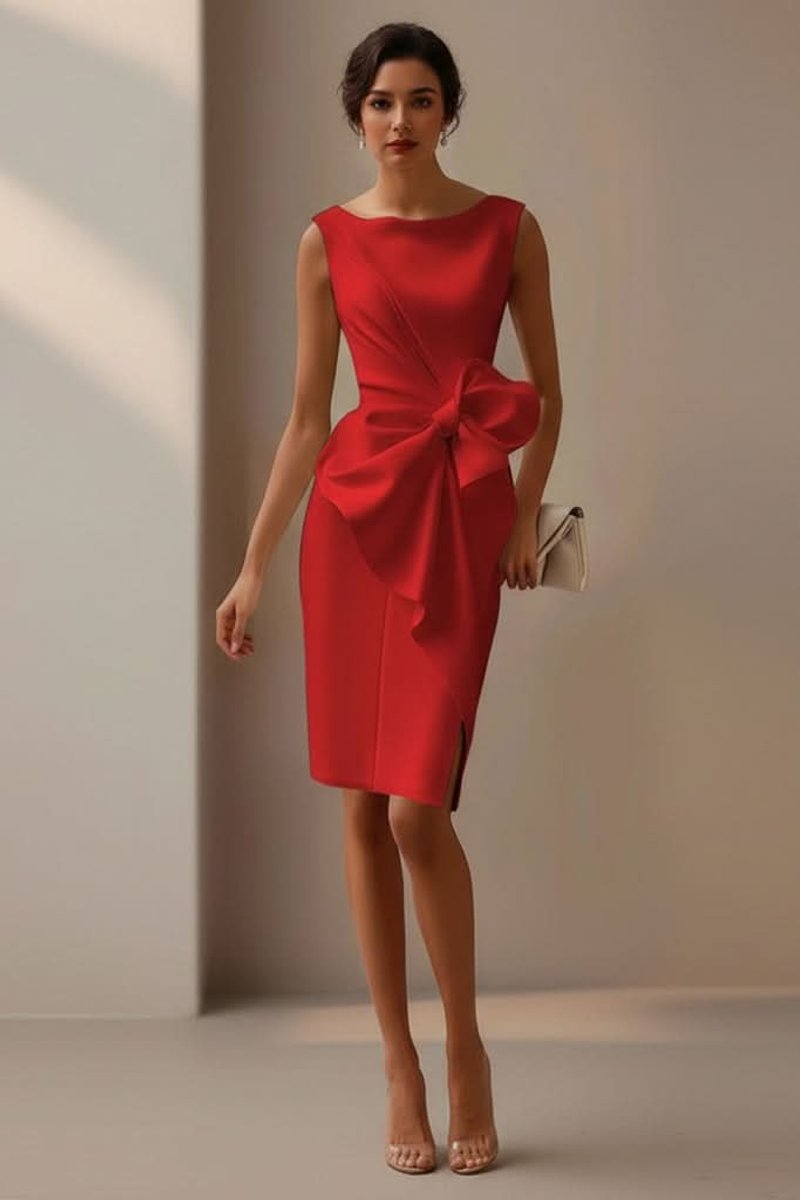 Damen Ärmelloses Midi-Cocktailkleid mit Schleife und Schlitz - Rot