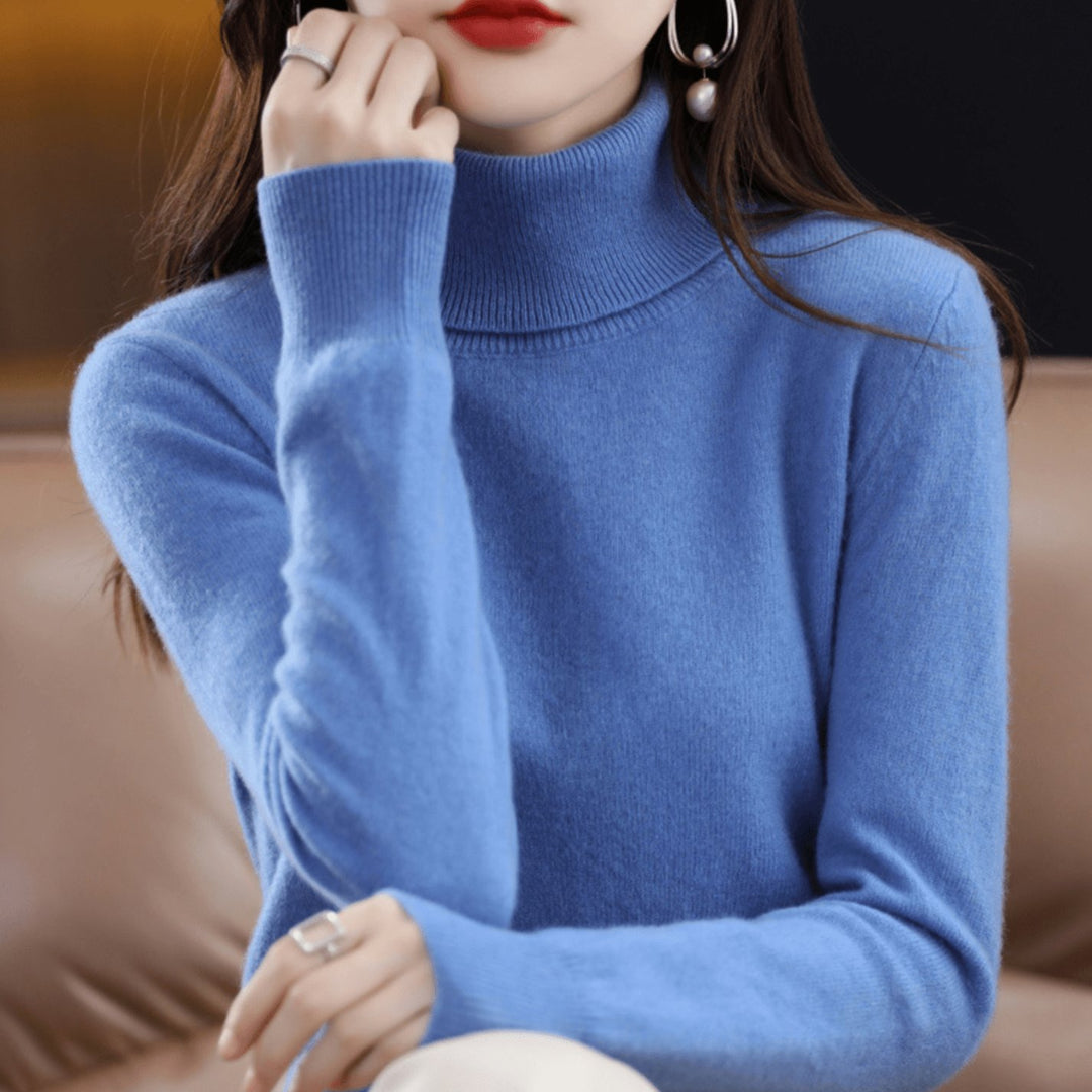Damen Rollkragen Pullover Klassischer Warmer Strickpullover - Blau