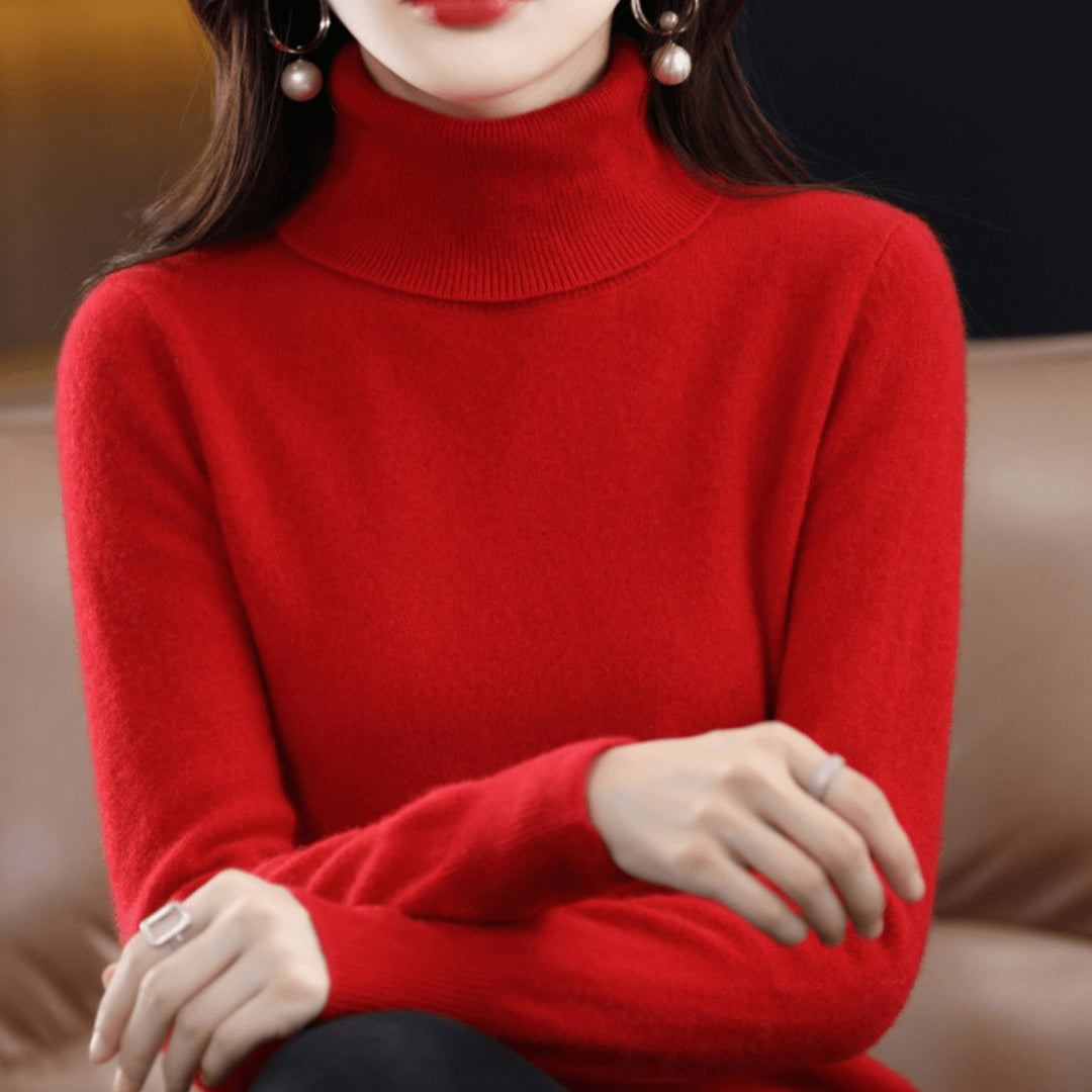 Damen Rollkragen Pullover Klassischer Warmer Strickpullover - Rot