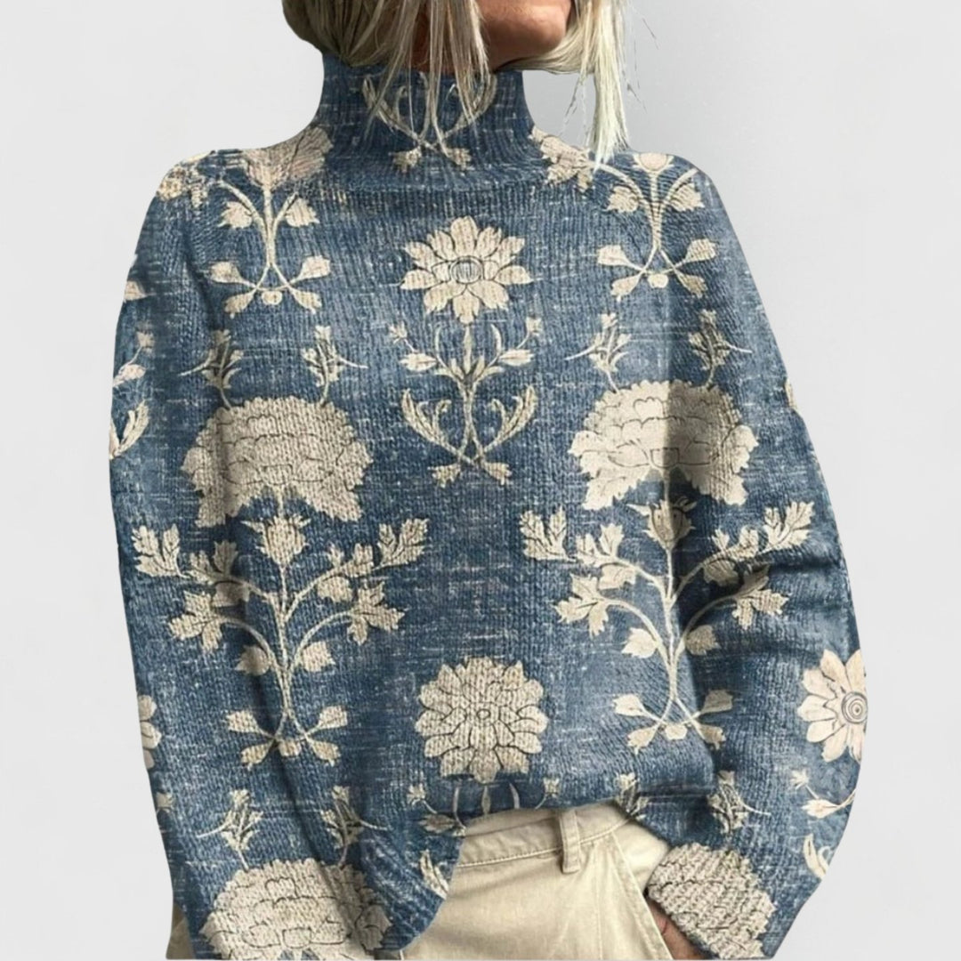 Damen Rollkragen-Pullover mit Blumenmuster Relaxed-Fit Strickoberteil - Light Blue
