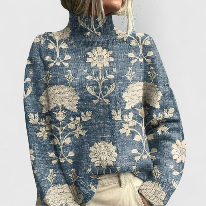 Damen Rollkragen-Pullover mit Blumenmuster Relaxed-Fit Strickoberteil - Light Blue