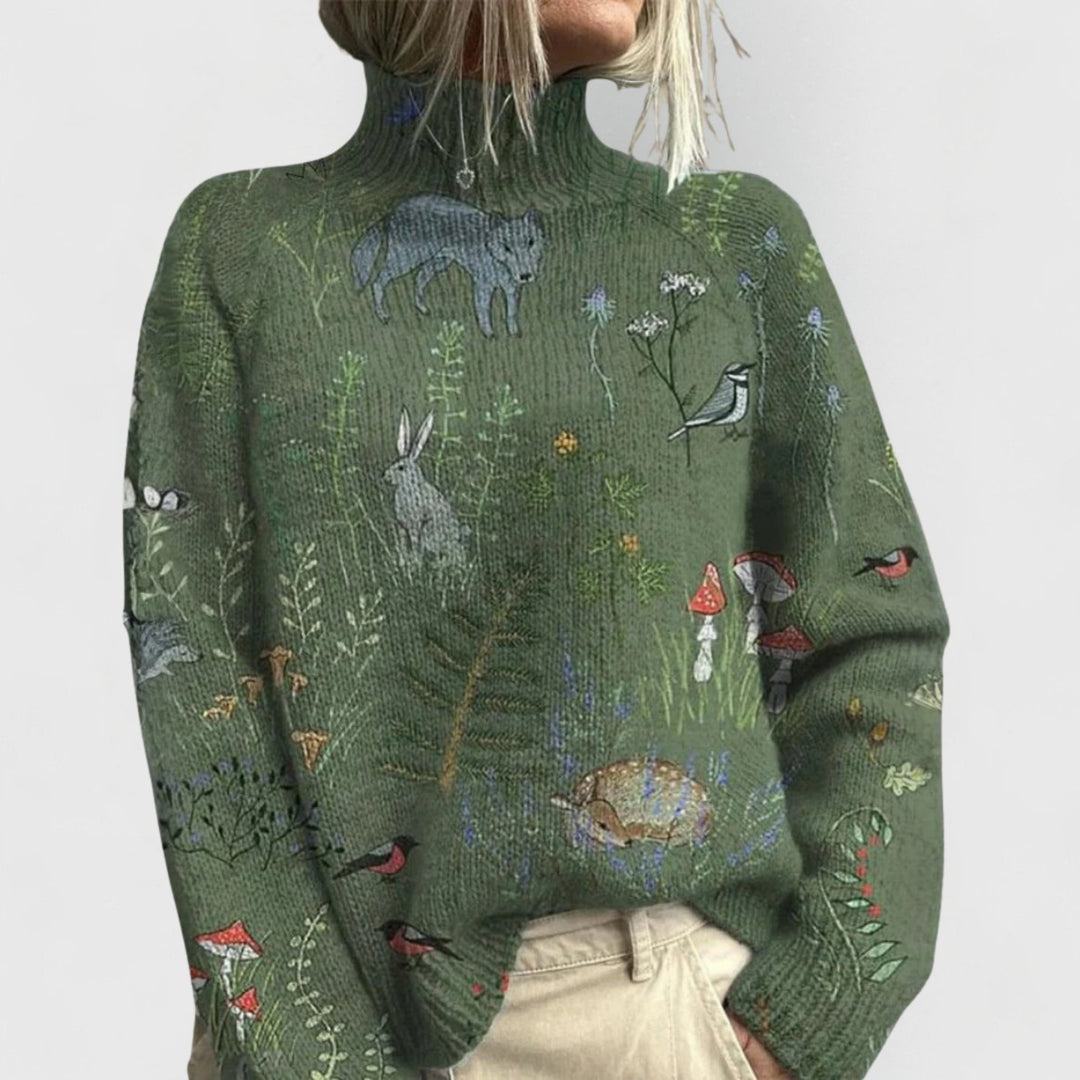 Damen Rollkragen-Pullover mit Blumenmuster Relaxed-Fit Strickoberteil - Green