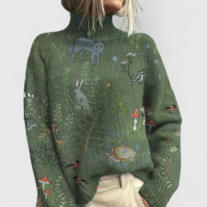 Damen Rollkragen-Pullover mit Blumenmuster Relaxed-Fit Strickoberteil - Green
